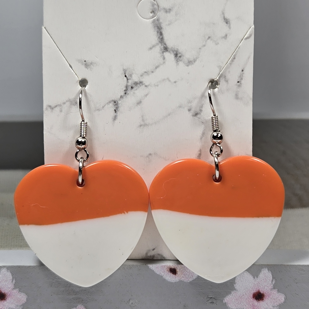 Vibrant Orange and White Dangle Heart Earrings - Picture 3 of 7